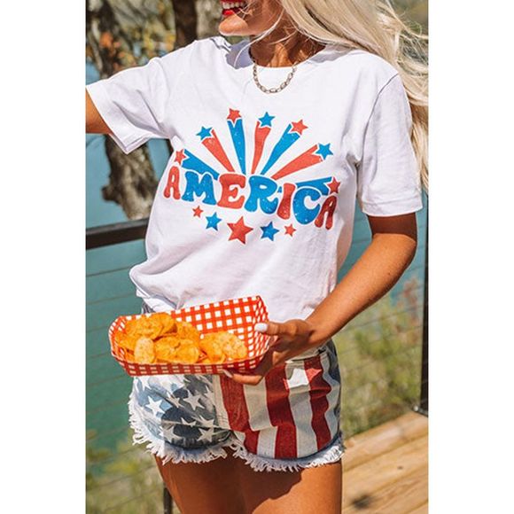 Azura Exchange White AMERICA Star Graphic Round Neck Tee - Picture 6 of 10